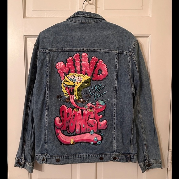 SpongeBob Graffiti Art Paint Style Jean Jacket M - Picture 3 of 7